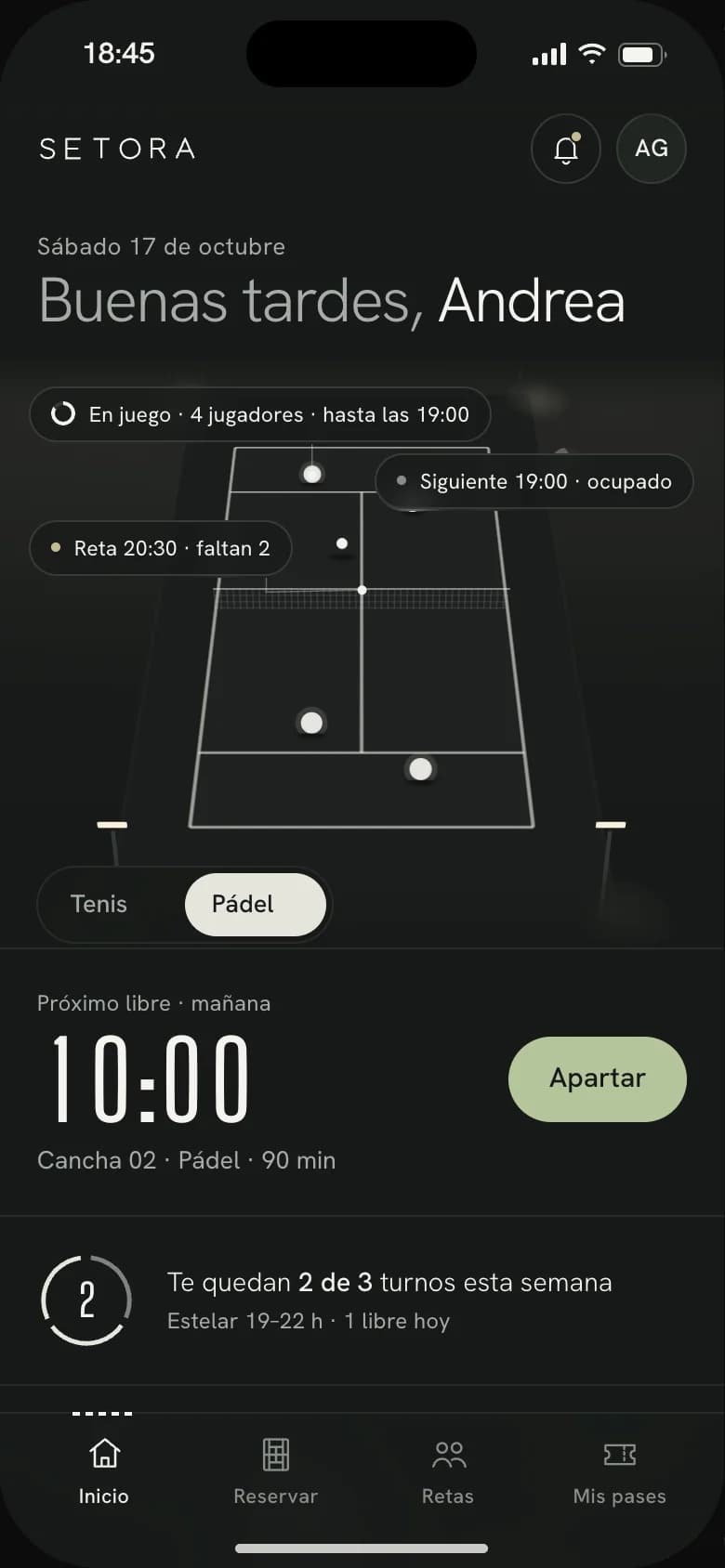Inicio de Setora con la cancha de pádel: en juego con cuatro jugadores, una reta a las 20:30 y el próximo turno libre mañana a las 10:00.