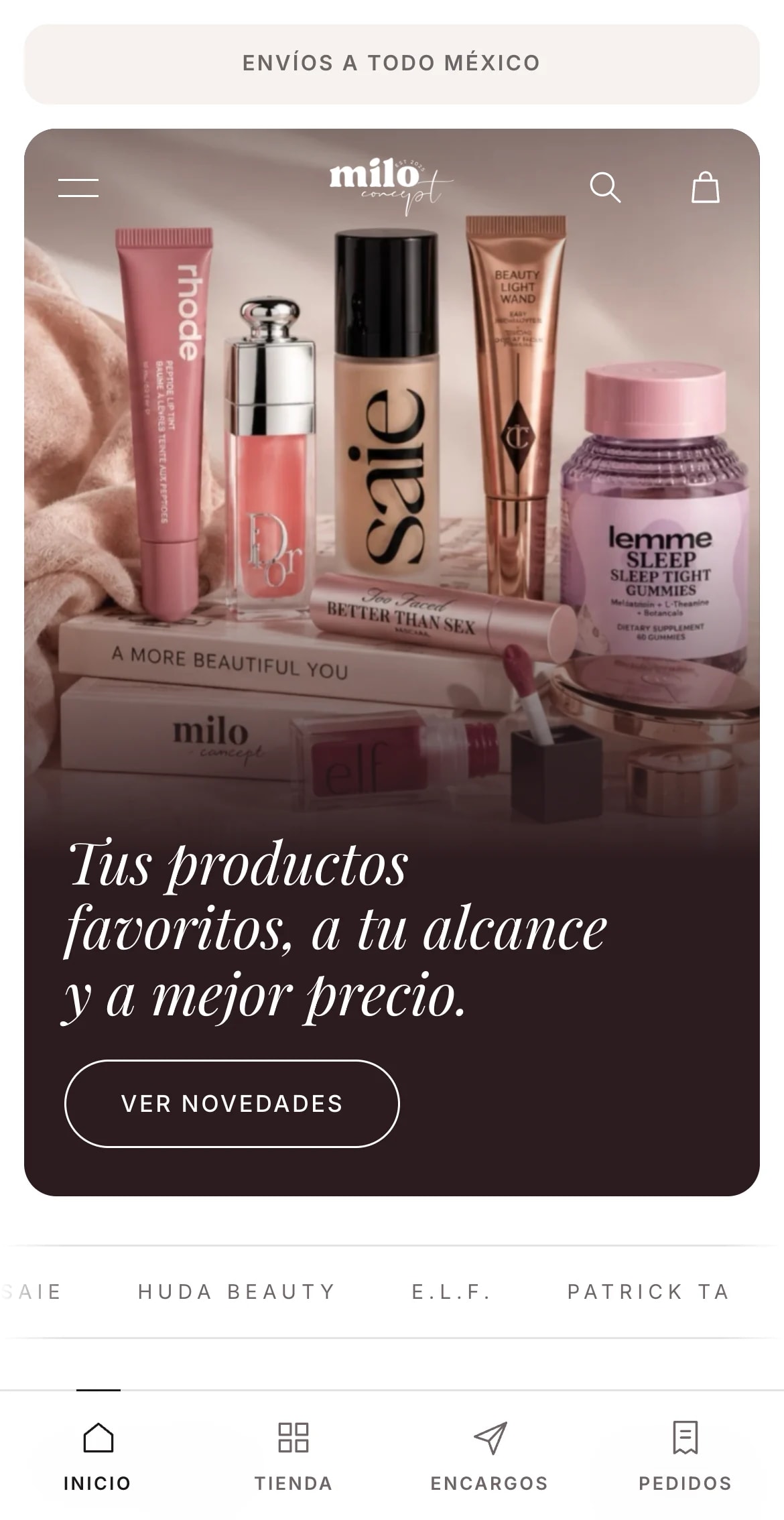 Inicio de miloconcept.com en celular: portada con productos de maquillaje, el lema «Tus productos favoritos, a tu alcance y a mejor precio», el botón «Ver novedades» y la barra inferior con Inicio, Tienda, Encargos y Pedidos.